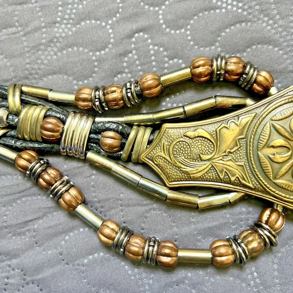 Vintage Boho Multi Strand Leather Belt Bronze Beaded Statement Festival Waist